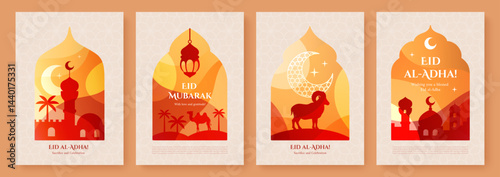 Set of Eid al-Adha greeting cards with mosques, lanterns, crescent moons, stars, camels and ram. Festive Islamic holiday designs in warm orange, red, yellow and beige tones.