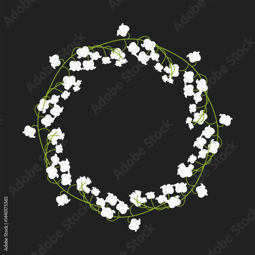 A wreath with lilies of the valley highlighted on a black background. Round frame for your design, postcards, posters.