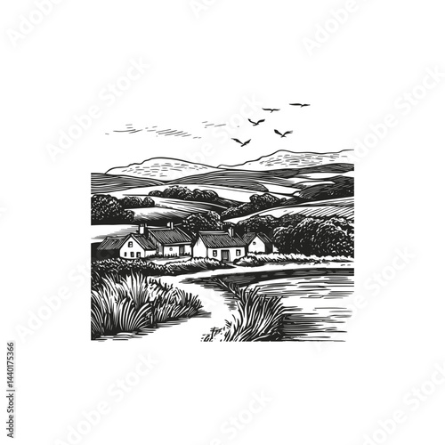 Rural landscape scenery engraving design vector template illustration