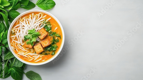 Exquisite bowl of curry laksa with tofu noodles and fresh ingredients captured from above for vibrant culinary delight