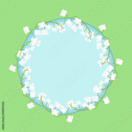 A wreath with lilies of the valley highlighted on a green background. Round frame for your design, greeting cards, wedding announcements, posters.