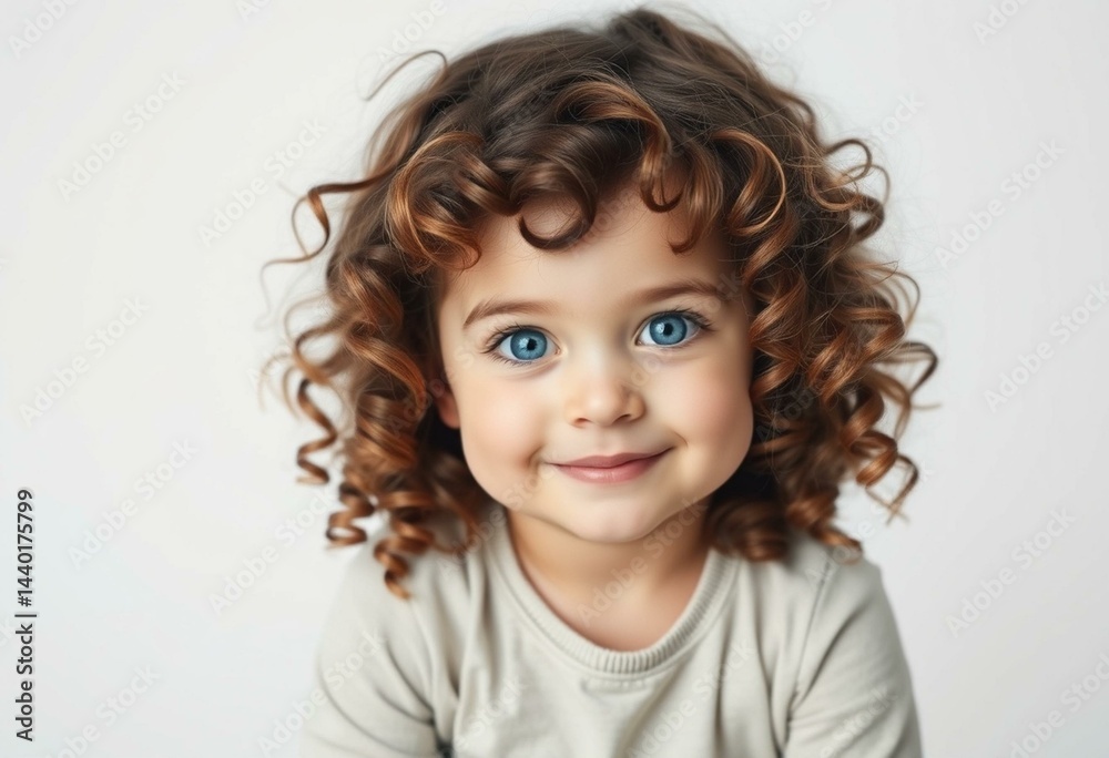 Portrait of a 3-year-old female toddler with curly brown hair and bright blue eyes Portrait of a 3-year-old female toddler with curly brown hair and bright blue eyes
