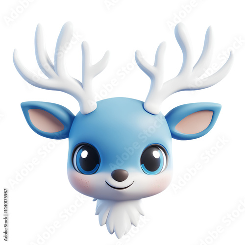 3D icon of a cute cartoon blue deer head with white antlers, in a cute, kawaii style, with no background, transparent PNG 