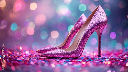Two pink high heels are on a glittery surface