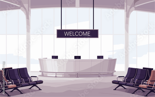 Modern airport terminal interior with check-in area with clean white counters, gray flooring, tall glass walls, Lounge zone with chairs. Vector illustration