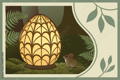 5 Glowing golden egg-shaped lantern, intricate honeycomb pattern, forest floor, tiny mouse, lush green moss, rocks, ferns, magical atmosphere, soft bokeh background, close-up nature photography, warm 