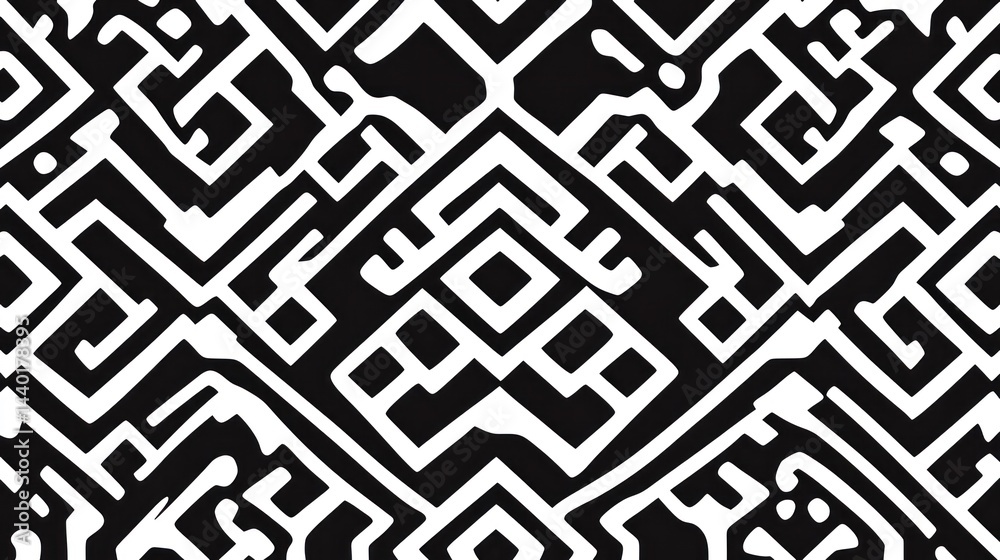 Abstract black and white geometric pattern with intricate shapes and lines. Abstract black and white geometric pattern with intricate shapes and lines.