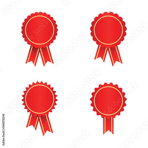 Set of four red award ribbons and badges with gold trim. Perfect for certificates, achievements, competitions, contests, seals of approval, promotions, branding, and educational rewards.