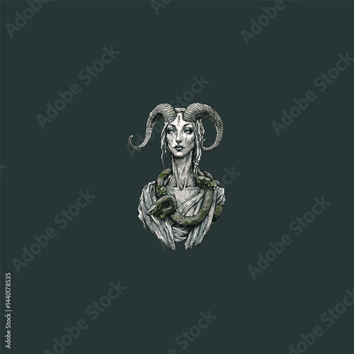 horned female demon with snakes coiled around her body design vector template illustration