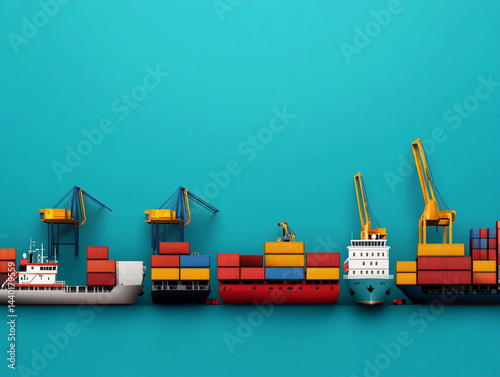 Vector design of a European port authority overseeing cargo ships, cranes, and container movement