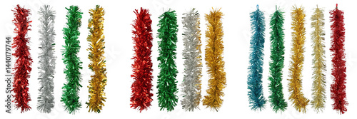  Set of different color decorative tinsel isolated on a transparent background
