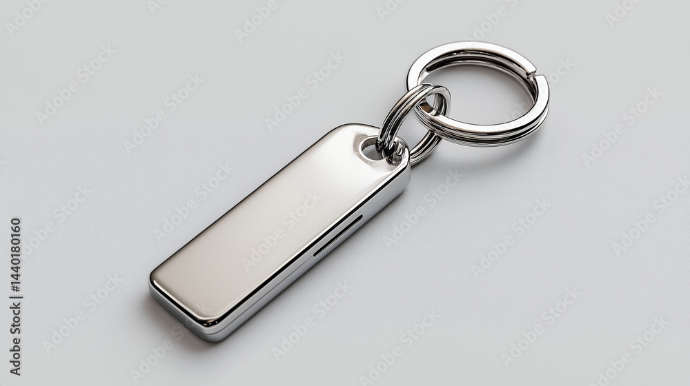 Silver Metal Keychain with Ring on Soft Gray Background in Studio Lighting Silver Metal Keychain with Ring on Soft Gray Background in Studio Lighting