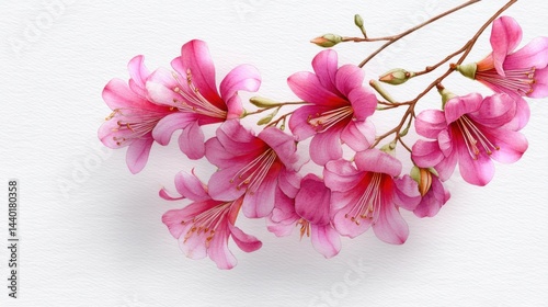 Pink trumpet tree flowers blooming in clusters, delicate pink petals, watercolor illustration, white background.