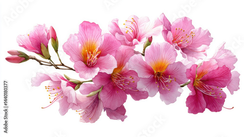 Pink trumpet tree flowers in full bloom, delicate petals and watercolor style, vivid colors on white background.