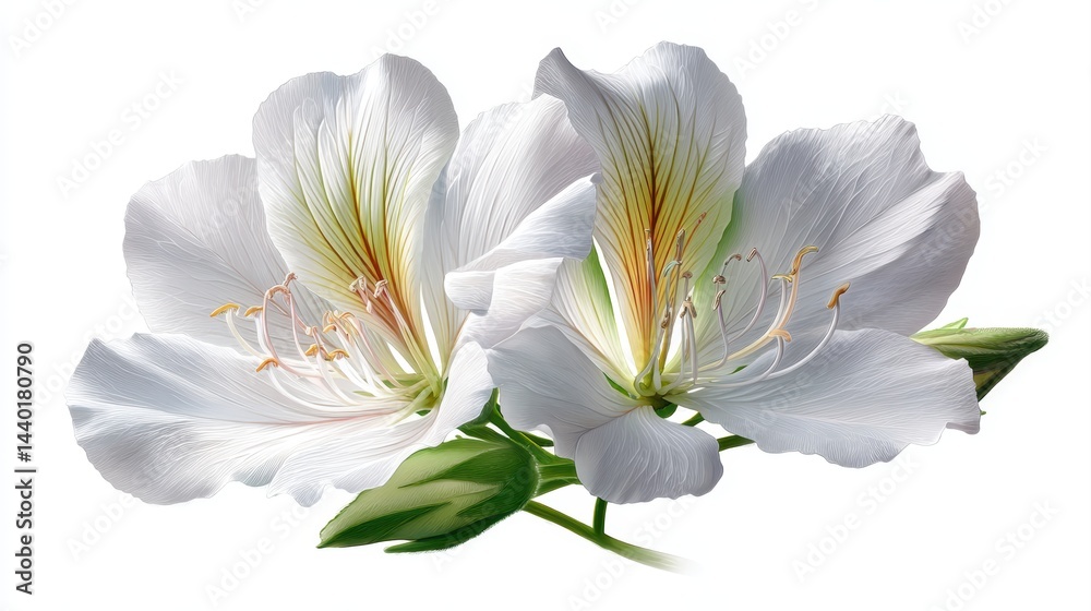 Obraz premium Watercolor of two white Bauhinia flowers with green and yellow details, isolated on white background.