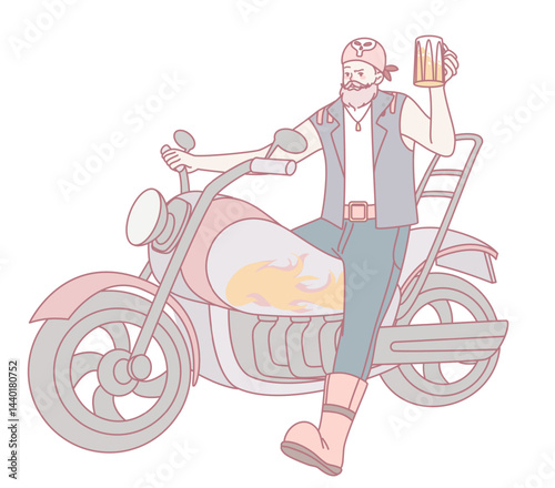 A relaxed biker with a cold beer on a vibrant motorcycle, celebrating freedom and the thrill of adventure