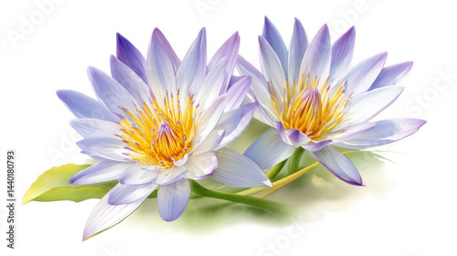 watercolor illustration of two purple and white water lilies with vibrant yellow centers, resting on green leaves against a white background.