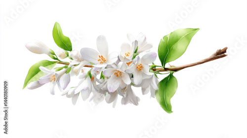 A delicate branch of Wrightia blossoms with white petals and green leaves, watercolor style, white background.