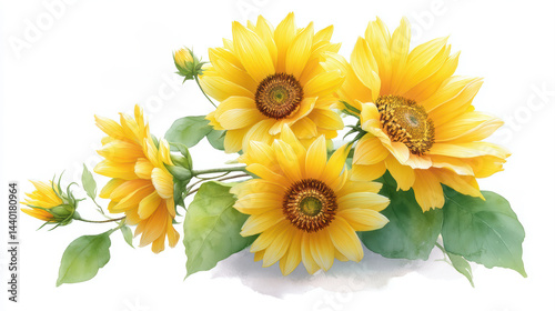 Bright yellow Sunflower blossoms with green leaves, watercolor style, white background.