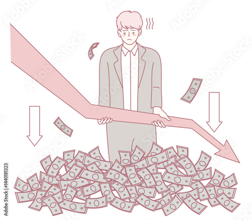 An illustration depicting a businessman struggling to navigate through financial downturns and various money losses