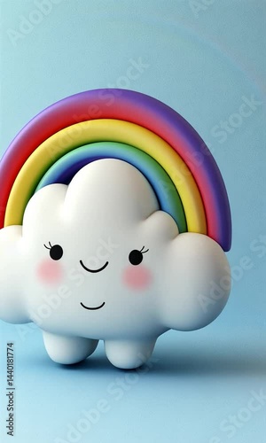 Cute cartoon cloud character with a vibrant rainbow on a soft blue background, ideal for children's decor