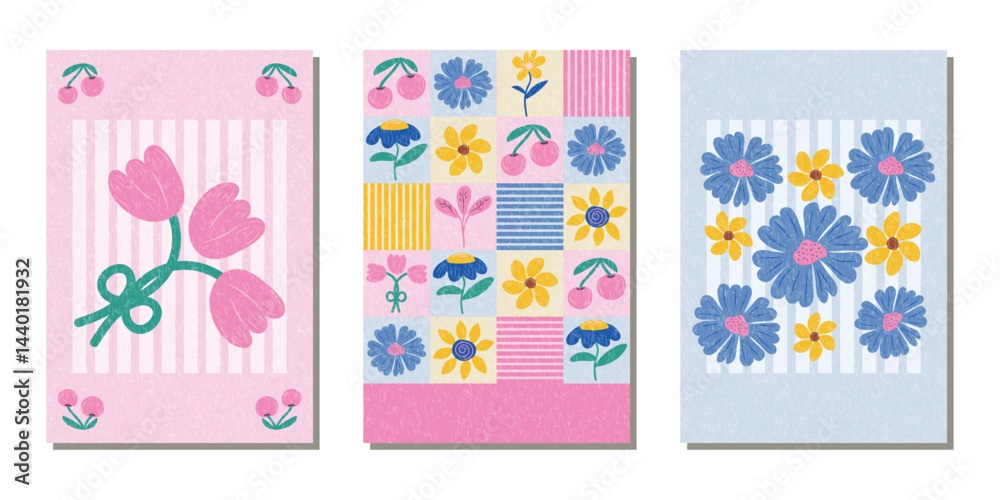Fototapeta premium A set of modern banners with abstract flowers and berries. Minimalist vector design for celebration, advertising, branding, banner, cover, label, poster, print and more.