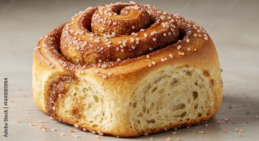 Delicious cinnamon roll with sugar crystals close up view Delicious cinnamon roll with sugar crystals close up view