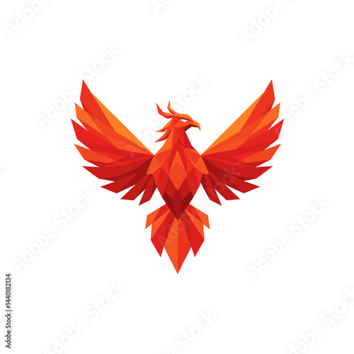 Geometric phoenix bird illustration with vibrant orange and red polygonal design