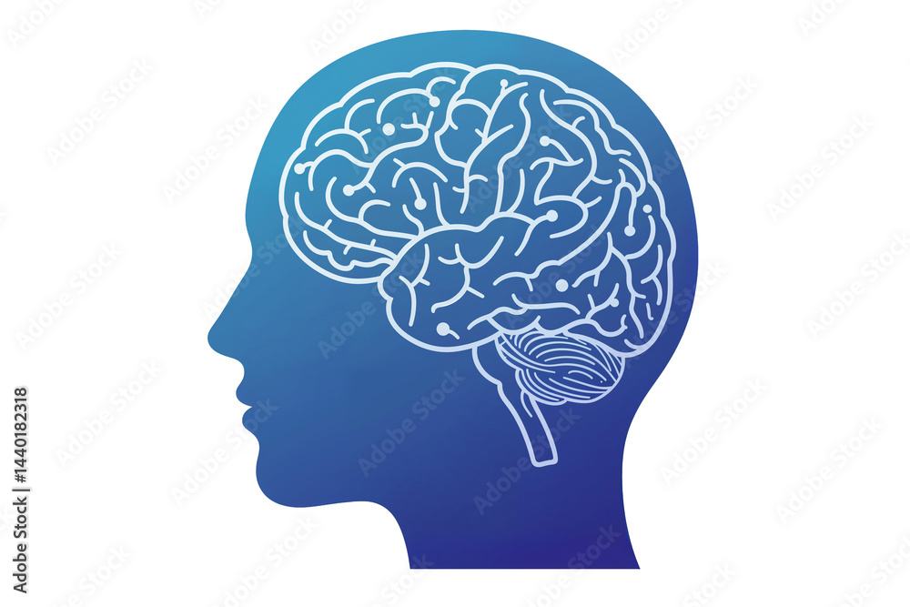 Silhouette of human head with brain illustration with blue gradient