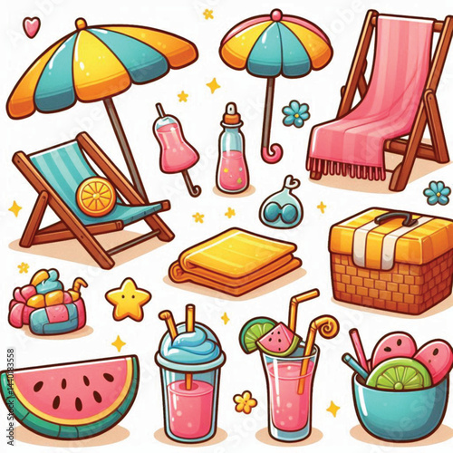 Cute Cartoon Summer Elements Set with Sling Chair, Umbrella, Towel, Drinks, and Food - Perfect for Posters, Stickers, Scrapbooking, and Print on White Background
