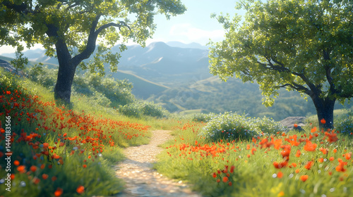 3D Illustration of a Path Through a Field of Flowers