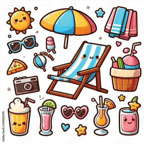 Cute Cartoon Summer Elements Set with Sling Chair, Umbrella, Towel, Drinks, and Food - Perfect for Posters, Stickers, Scrapbooking, and Print on White Background