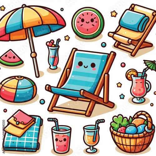 Cute Cartoon Summer Elements Set with Sling Chair, Umbrella, Towel, Drinks, and Food - Perfect for Posters, Stickers, Scrapbooking, and Print on White Background