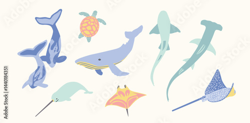 Pastel Sea Animals Vector Set – Cute Ocean Creatures Clipart with Whales, Sharks, Turtle, Narwhal, Stingray, Manta Ray – Minimalist Marine Life Illustration for Kids and Decor