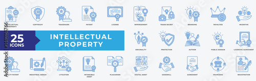 Intellectual Property icon set with intellectual property, copyright, trademark, patent, license, trade secret, branding, royalties, originality, protection, digital asset, agreement and registration