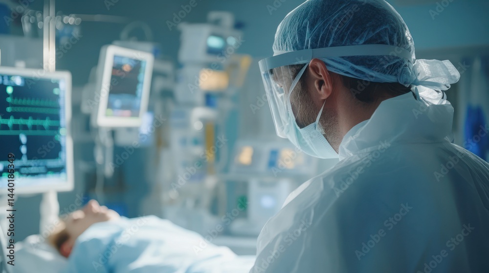 Intensive care unit medical professional attending to a patient.