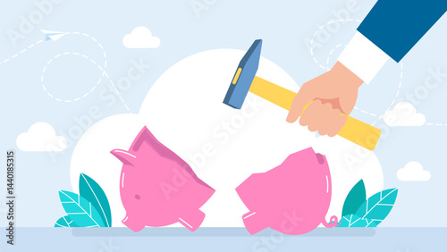 Businessman breaking his piggy bank and showing poor money. Damaged piggy bank. Financial problem. Editable element. Items on white. Lack of money simple cartoon style. Vector illustration