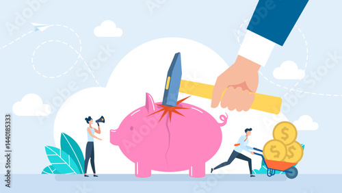 Businessman or manager smash a piggy bank. Human hand holding hammer above piggybank banner. Crashing piggy bank concept, spending savings, man about to crash piggy bank. Vector illustration