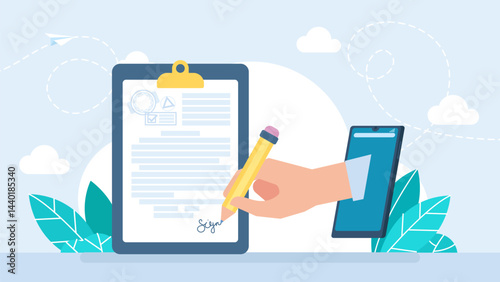 Electronic contract or digital signature concept. Digital signature for electronic business document, agreement and certificate. Approve online data information with pen on mobile. Vector illustration