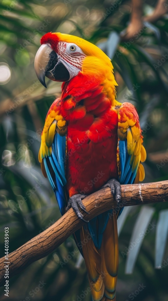 Bright parrot on a branch, colorful feathers, tropical nature. Great for animal, travel, nature themes.
