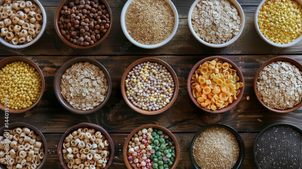 A variety of cereals in bowls on a wooden surface. Useful for articles on healthy eating, recipes, cooking.