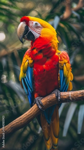 Obraz na płótnie Bright parrot on a branch, colorful feathers, tropical nature. Great for animal, travel, nature themes. w salonie