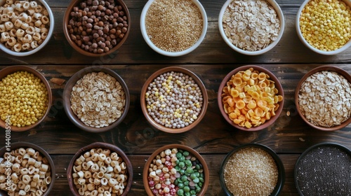 Obraz na płótnie A variety of cereals in bowls on a wooden surface. Useful for articles on healthy eating, recipes, cooking. w salonie
