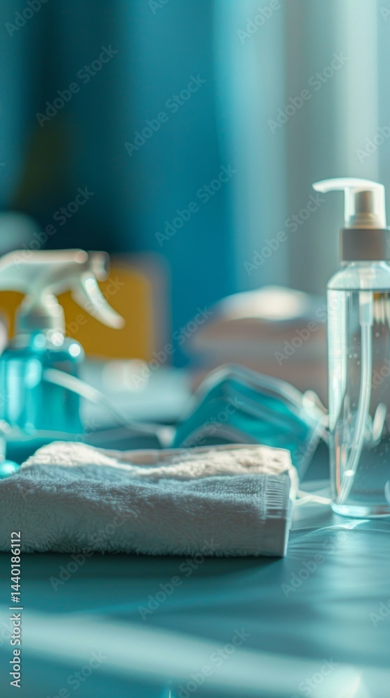 Clean liquid bottles, wipes and spray on the table. Suitable for cleaning, hygiene, health.