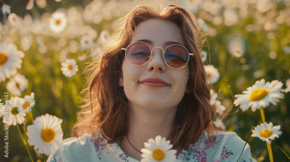 Girl in sunglasses among wildflowers, smiling on sunset background. Suitable for advertising clothes, accessories, cosmetics, travel.