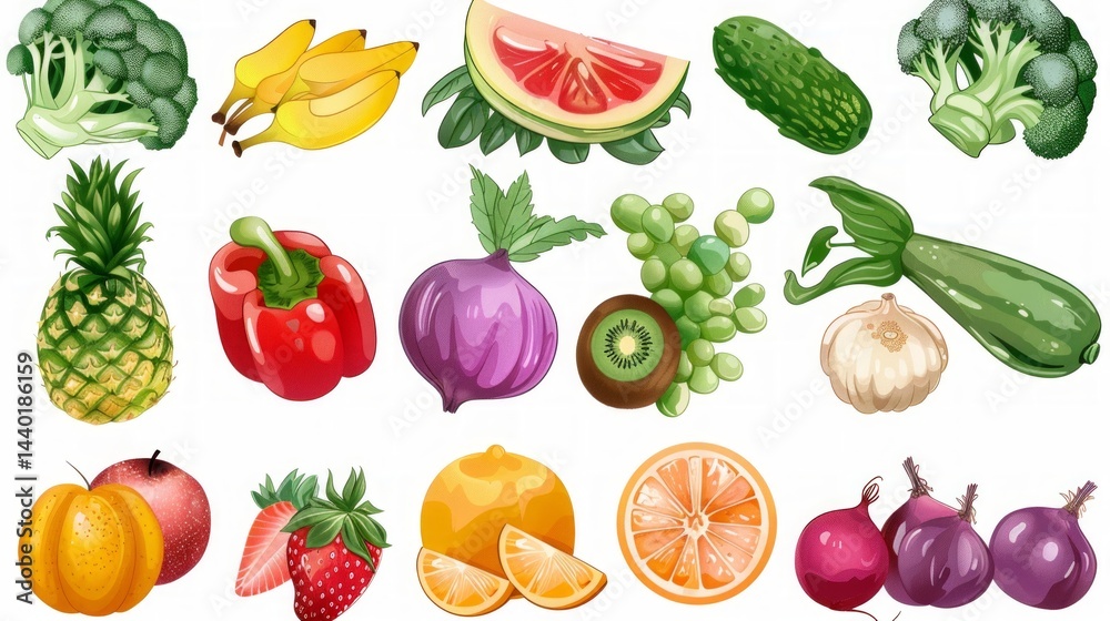 Set of fresh fruits and vegetables on white background, bright and juicy. Great for cooking, healthy eating, product advertising.