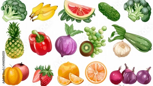 Obraz na płótnie Set of fresh fruits and vegetables on white background, bright and juicy. Great for cooking, healthy eating, product advertising. w salonie