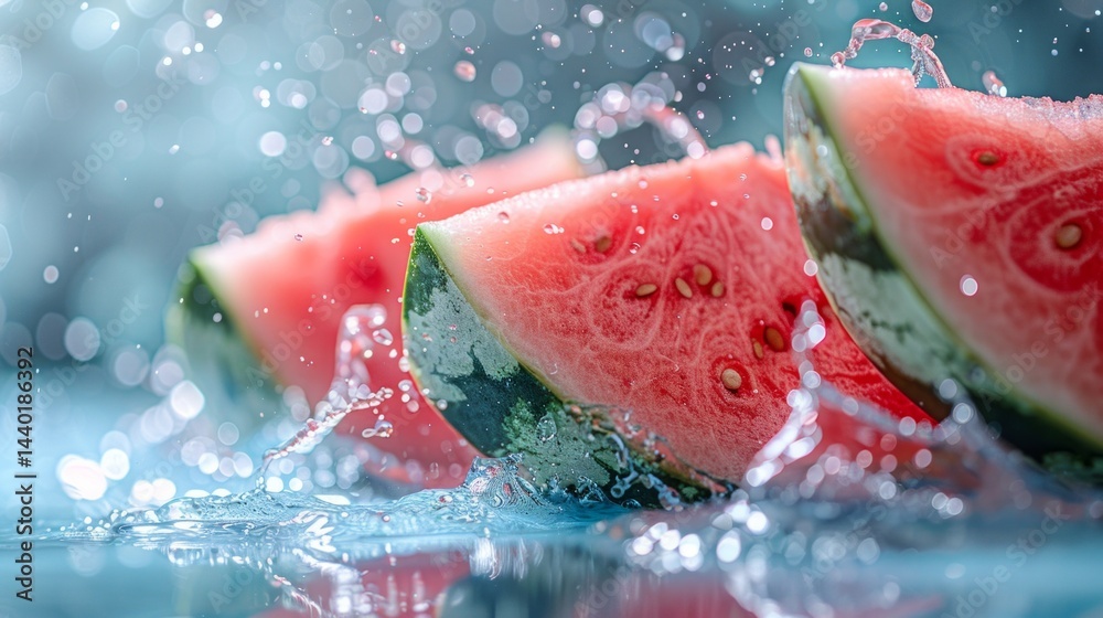 Fresh watermelon slices with a splash of water. Suitable for beverage advertising, summer promotions, healthy eating blogs.
