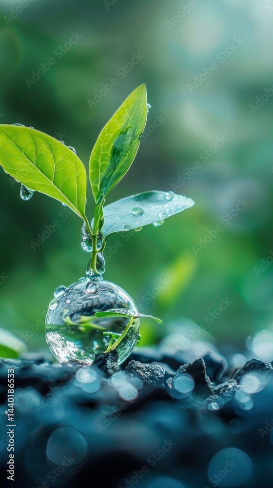 A drop of water with a plant on a background of greenery, a symbol of growth and life, perfect for nature, ecology and environmental themes.