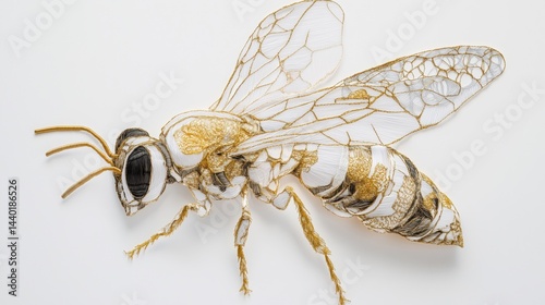 An embroidered depiction of a wasp, intricately crafted with golden threads.